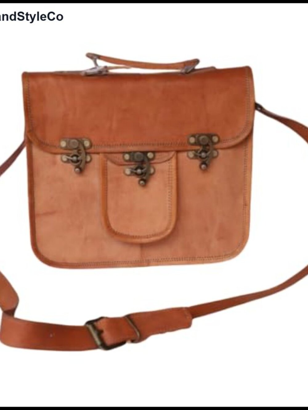 Pure Camel Leather Satchel Bag Vintage Crossbody Adjustable Strap Brass Clasp
